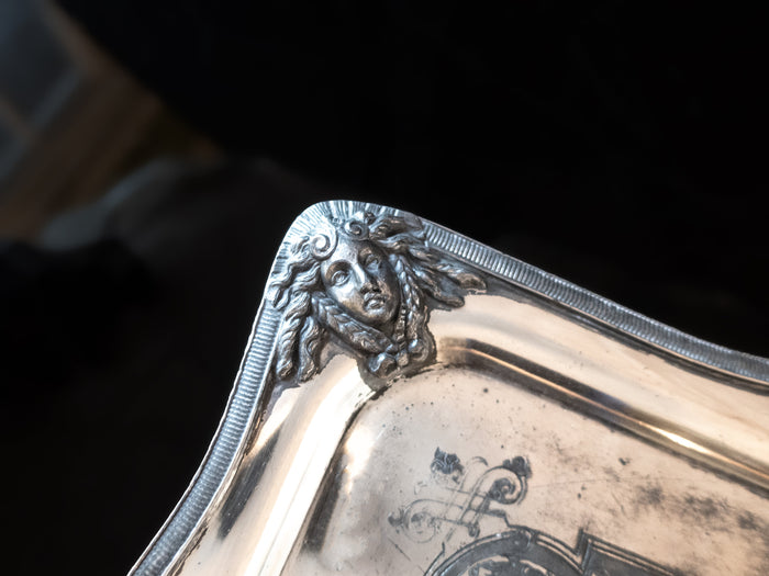 Antique Silver Plate Serving Tray Figural Faces 1872 Hibernian Society Portrait Medallion