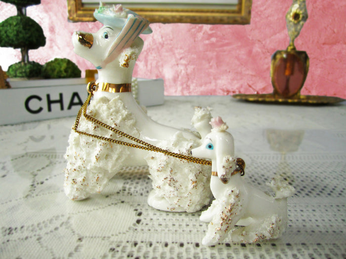 Spaghetti Poodle And Pup Figurines White 1950's 2 Piece Set