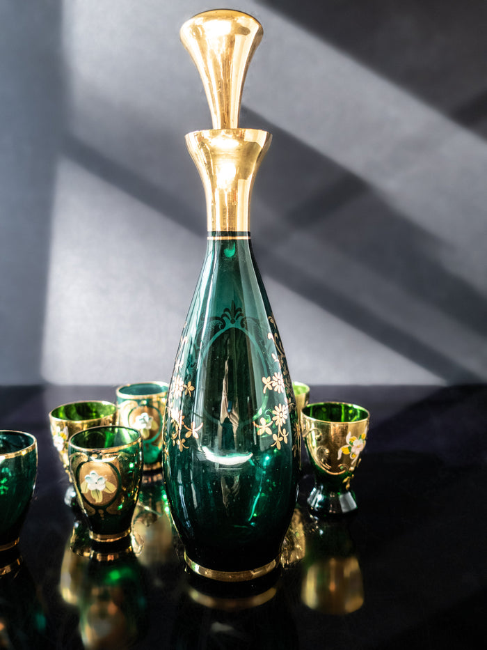 Vintage Green and Gold Murano Crystal Decanter With 7 Glasses