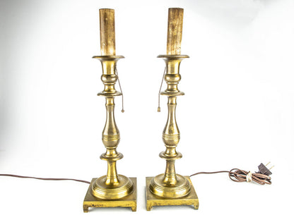 Antique Pair Brass Candlestick Lamps Hubbell Socket Pull Chain BOTH WORK