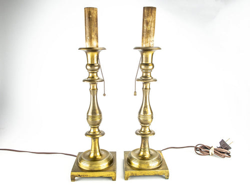 Antique Pair Brass Candlestick Lamps Hubbell Socket Pull Chain BOTH WORK