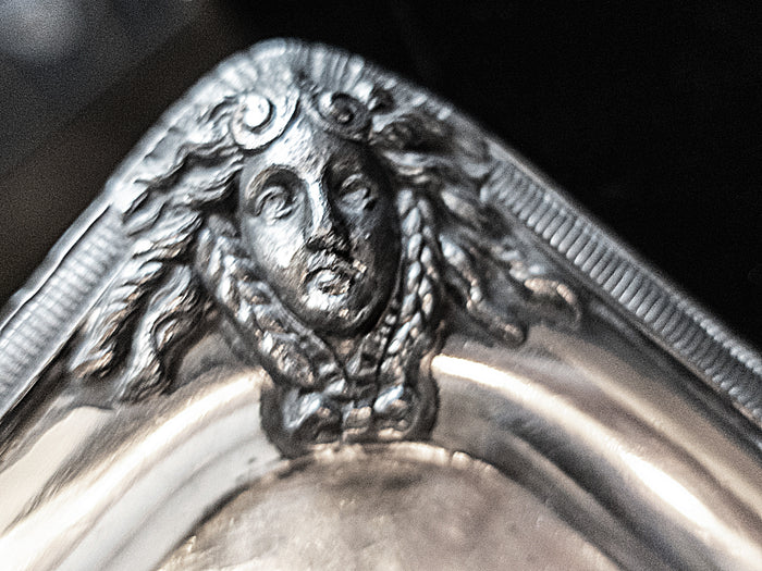 Antique Silver Plate Serving Tray Figural Faces 1872 Hibernian Society Portrait Medallion