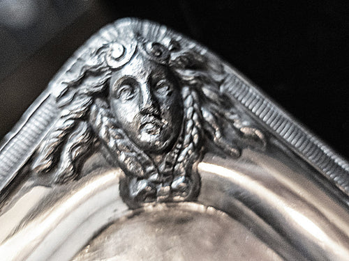 Antique Silver Plate Serving Tray Figural Faces 1872 Hibernian Society Portrait Medallion