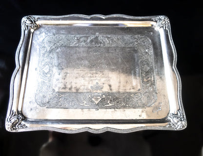 Antique Silver Plate Serving Tray Figural Faces 1872 Hibernian Society Portrait Medallion