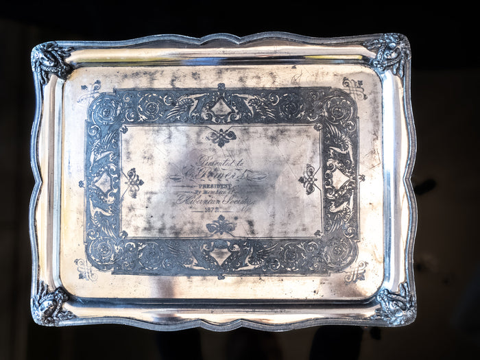 Antique Silver Plate Serving Tray Figural Faces 1872 Hibernian Society Portrait Medallion