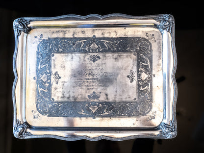 Antique Silver Plate Serving Tray Figural Faces 1872 Hibernian Society Portrait Medallion