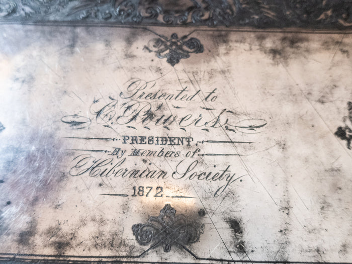 Antique Silver Plate Serving Tray Figural Faces 1872 Hibernian Society Portrait Medallion