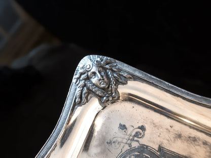 Antique Silver Plate Serving Tray Figural Faces 1872 Hibernian Society Portrait Medallion