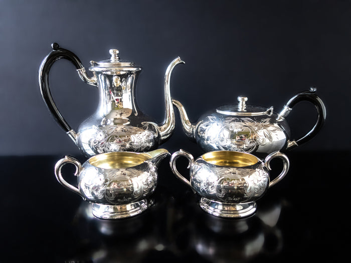 Antique Silver Plate Tea Set Hand Engraved Wm A Rogers