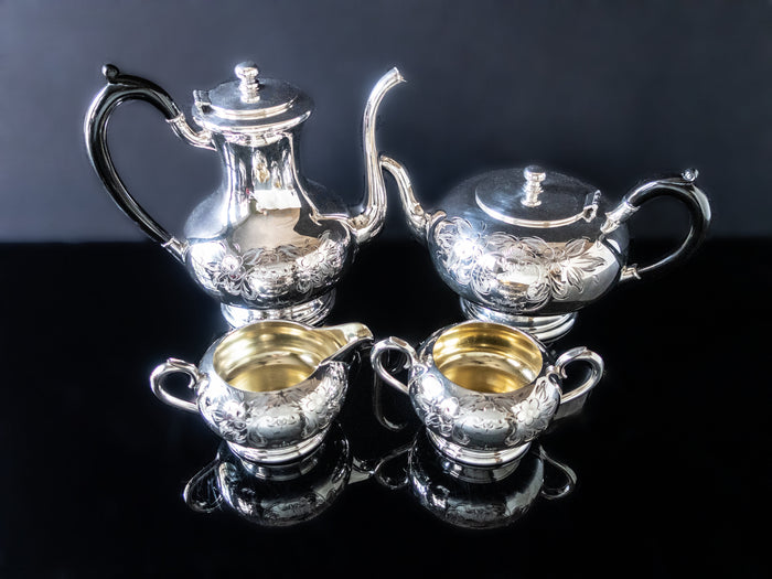Antique Silver Plate Tea Set Hand Engraved Wm A Rogers