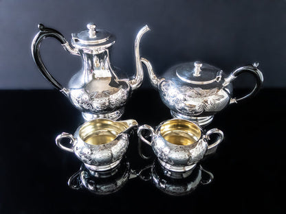 Antique Silver Plate Tea Set Hand Engraved Wm A Rogers
