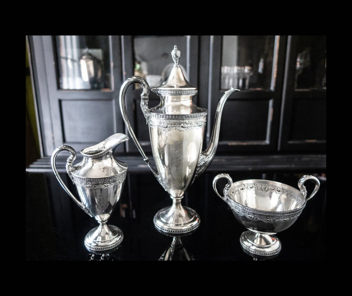 Art Deco Silver Plate Tea Set By Derby Silver Co Teapot Sugar Bowl Creamer