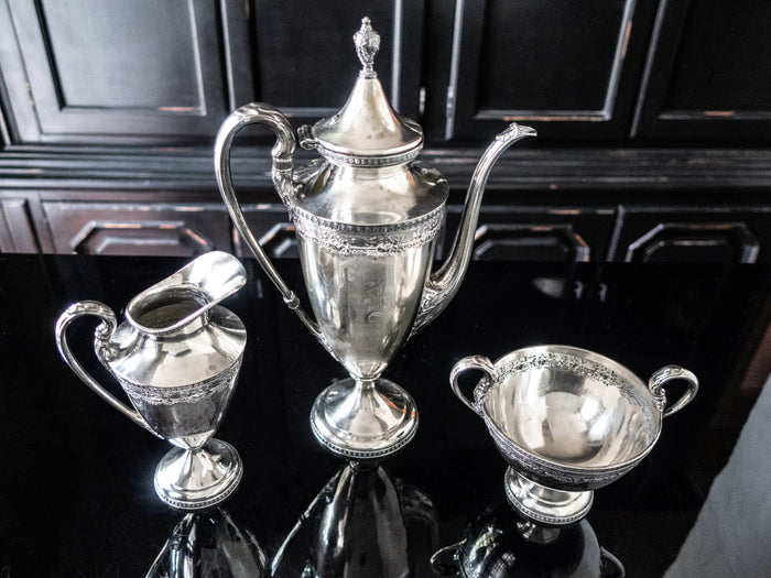 Art Deco Silver Plate Tea Set By Derby Silver Co Teapot Sugar Bowl Creamer