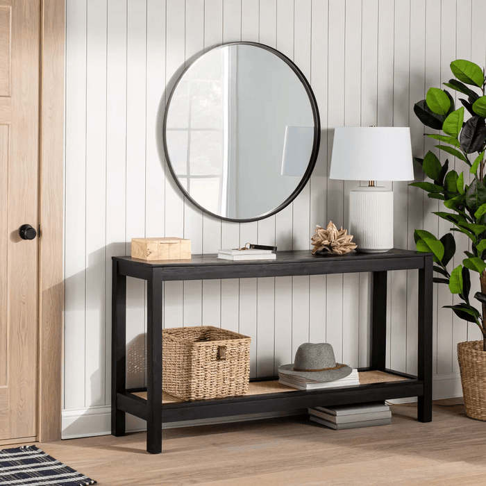 Console Table with Rattan Rattan Shelf - Black - Wichita Home Outlet