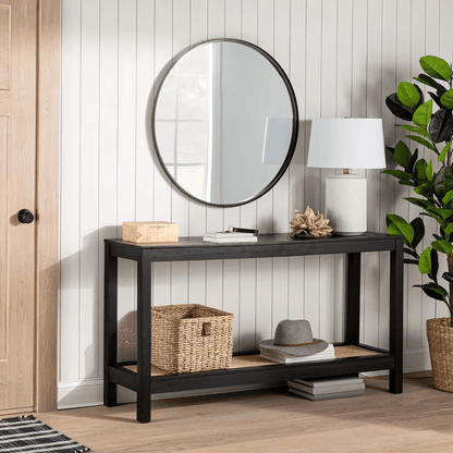 Console Table with Rattan Rattan Shelf - Black - Wichita Home Outlet