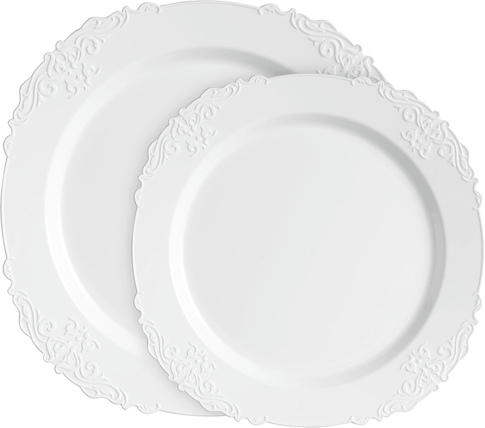 Elegant Plastic Dinner Plates White Embossed Plastic, 32 Pack - Wichita Home Outlet