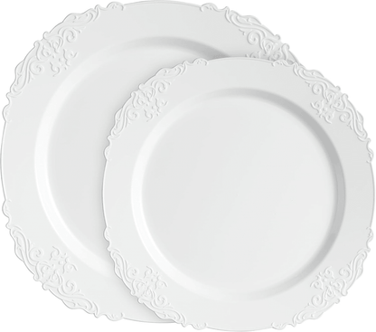 Elegant Plastic Dinner Plates White Embossed Plastic, 32 Pack - Wichita Home Outlet