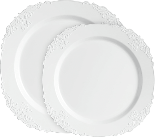 Elegant Plastic Dinner Plates White Embossed Plastic, 32 Pack - Wichita Home Outlet