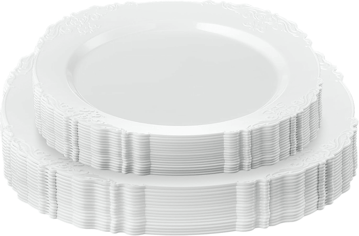 Elegant Plastic Dinner Plates White Embossed Plastic, 32 Pack - Wichita Home Outlet