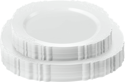 Elegant Plastic Dinner Plates White Embossed Plastic, 32 Pack - Wichita Home Outlet