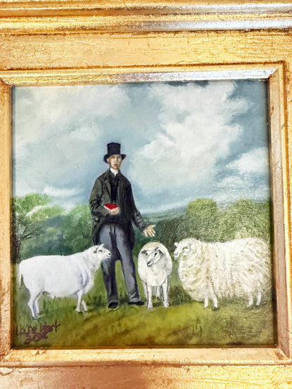 Framed Oil Painting Man and Sheep Pastoral Antique Style Hand Painted