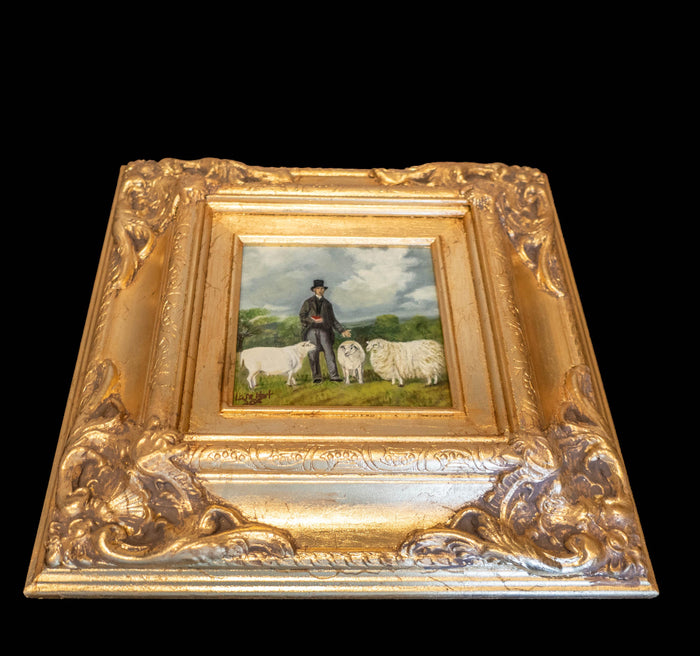 Framed Oil Painting Man and Sheep Pastoral Antique Style Hand Painted