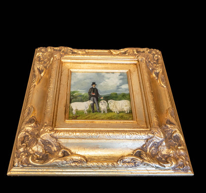 Framed Oil Painting Man and Sheep Pastoral Antique Style Hand Painted