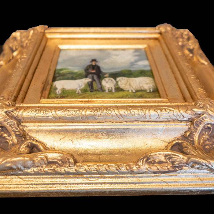Framed Oil Painting Man and Sheep Pastoral Antique Style Hand Painted