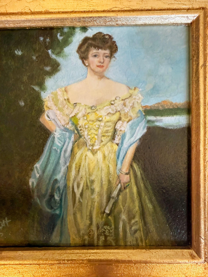 Gilded Age Style Oil Painting Portrait Woman in Gown Framed Art