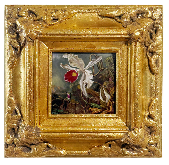 Gilded Framed Oil Painting Amethyst Hummingbird With White Orchid MJ Heade