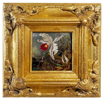 Gilded Framed Oil Painting Amethyst Hummingbird With White Orchid MJ Heade