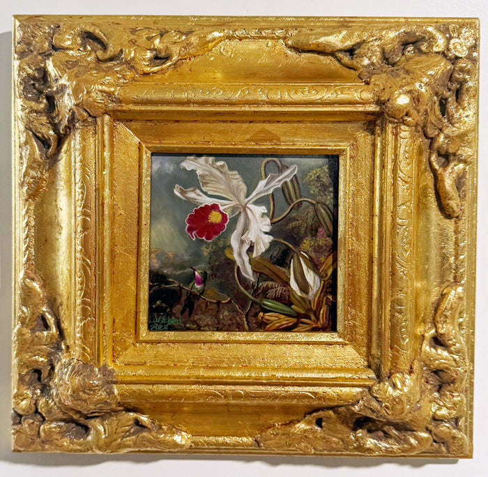 Gilded Framed Oil Painting Amethyst Hummingbird With White Orchid MJ Heade
