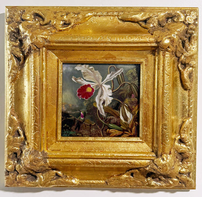 Gilded Framed Oil Painting Amethyst Hummingbird With White Orchid MJ Heade