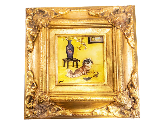 Gilded Framed Oil Painting Pekingese Dog And Vase Antique Style Paintings And Art