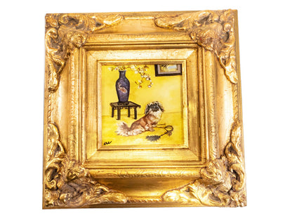 Gilded Framed Oil Painting Pekingese Dog And Vase Antique Style Paintings And Art