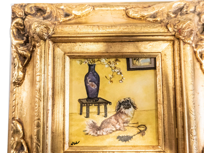 Gilded Framed Oil Painting Pekingese Dog And Vase Antique Style Paintings And Art