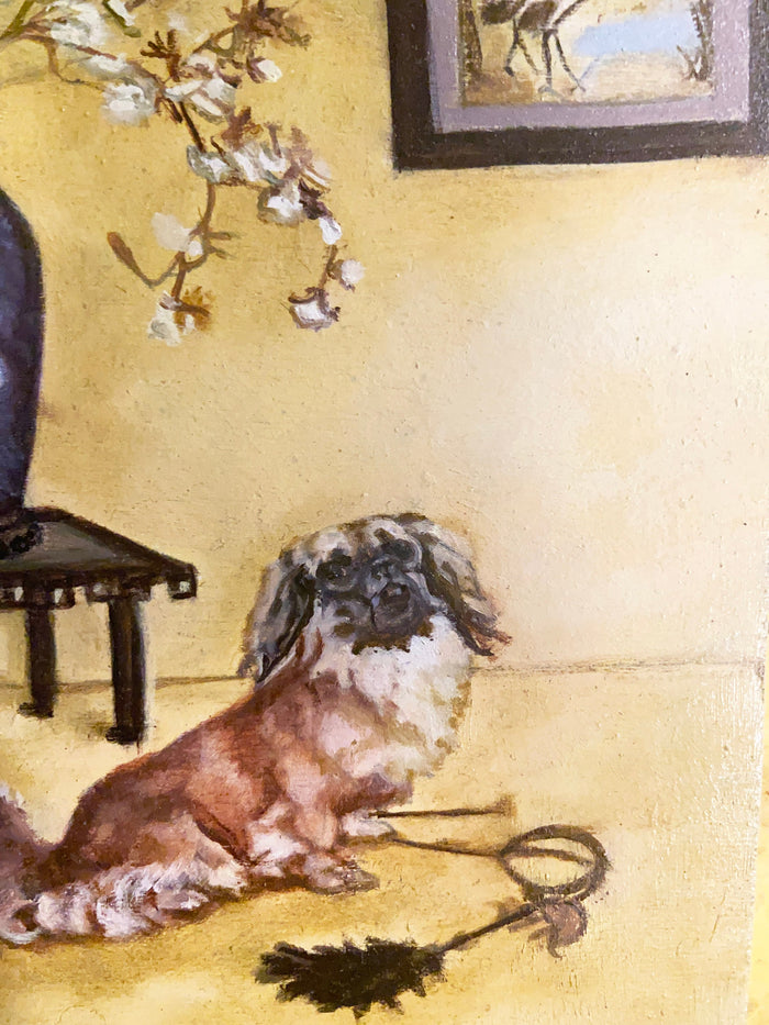 Gilded Framed Oil Painting Pekingese Dog And Vase Antique Style Paintings And Art