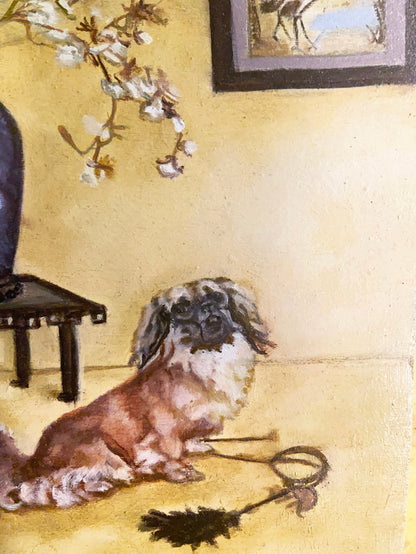 Gilded Framed Oil Painting Pekingese Dog And Vase Antique Style Paintings And Art