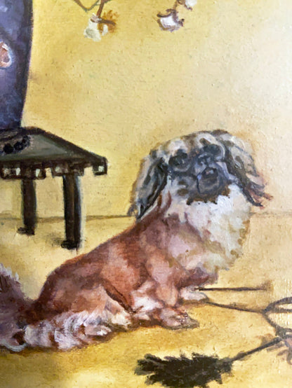 Gilded Framed Oil Painting Pekingese Dog And Vase Antique Style Paintings And Art