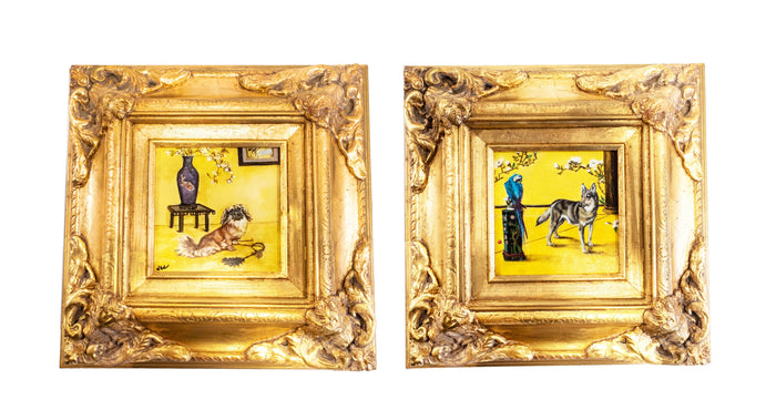 Gilded Framed Oil Painting Pekingese Dog And Vase Antique Style Paintings And Art