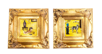 Gilded Framed Oil Painting Pekingese Dog And Vase Antique Style Paintings And Art