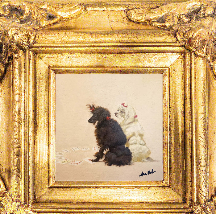 Gold Framed Oil Painting Two Poodles Playing Cards Antique Style Paintings And Art