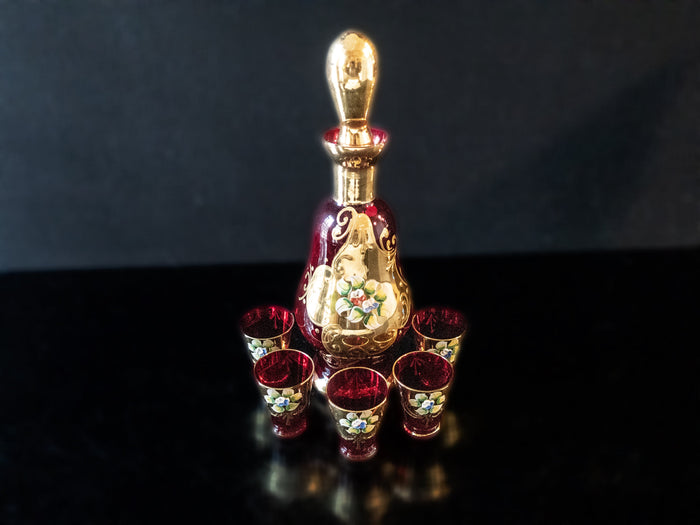 Gorgeous Vintage Ruby Red And Gold Murano Crystal Decanter With 5 Glasses 24 Kt Gilded Hand Painted