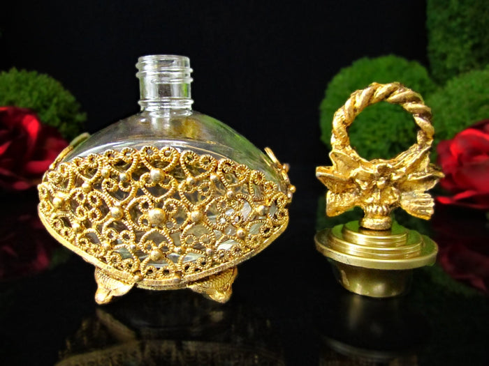 Ormolu Perfume Filigree Bottle 24 Kt Gold Gilt Hollywood Regency Art Nouveau