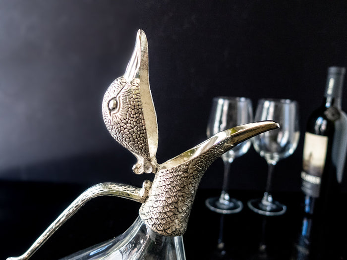 Silver Plate And Glass Duck Wine Decanter Carafe Barware