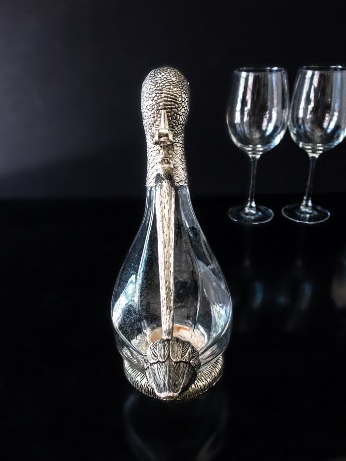 Silver Plate And Glass Duck Wine Decanter Carafe Barware