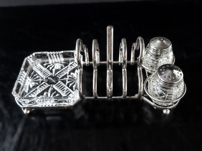 Silver Plate Cut Crystal Glass Toast Condiment Caddy Rack Stand Set England Silver And Silverplate