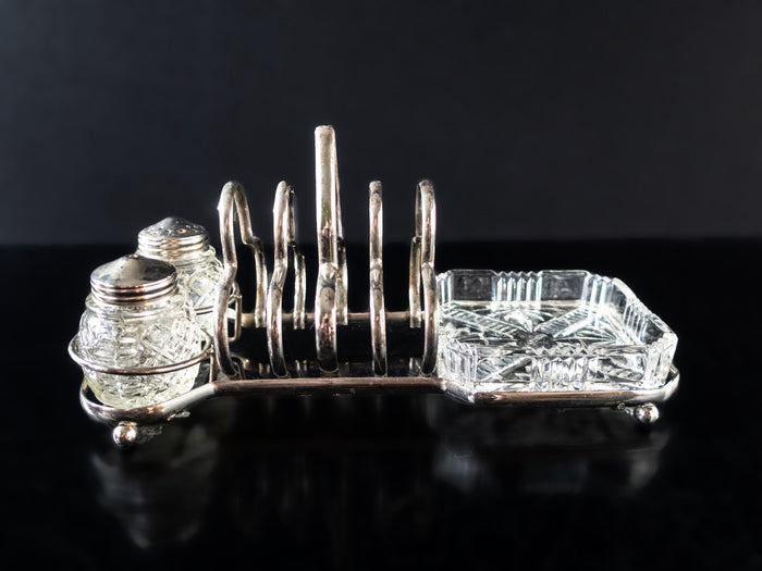 Silver Plate Cut Crystal Glass Toast Condiment Caddy Rack Stand Set England Silver And Silverplate