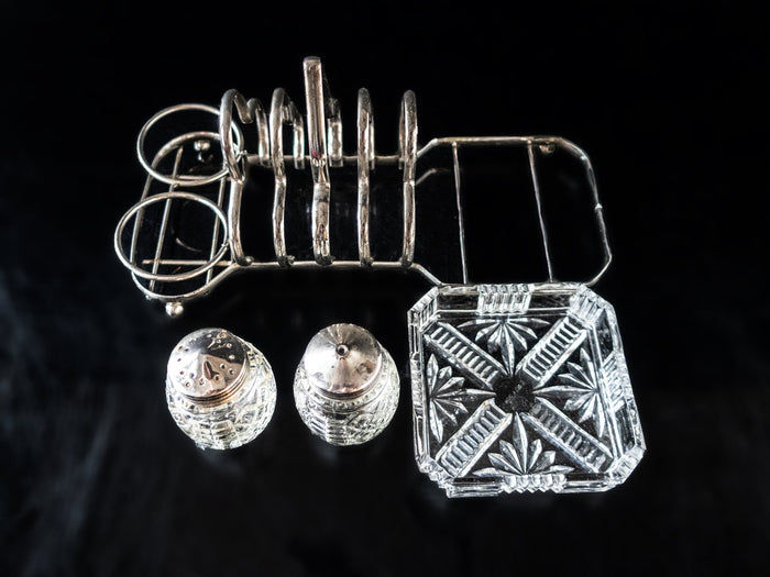 Silver Plate Cut Crystal Glass Toast Condiment Caddy Rack Stand Set England Silver And Silverplate