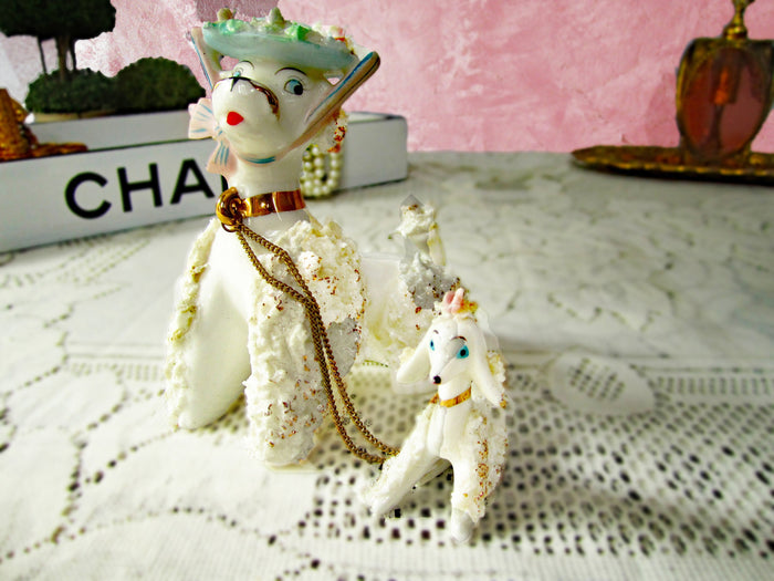 Spaghetti Poodle And Pup Figurines White 1950's 2 Piece Set